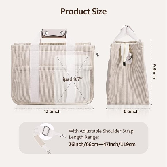 Women Large Corduroy Tote Bag with Pockets Adjustable Strap Everyday Purse - Picture 6 of 7